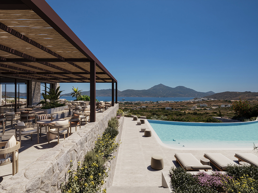 Aerial view of the Onero hotel on the Parasporos hillside