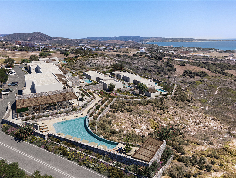 Aerial view of the Onero hotel on the Parasporos hillside