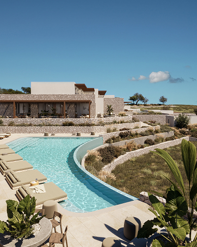 Poolside terrace with sea views at Onero