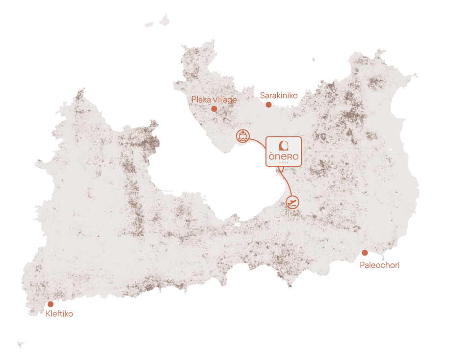 Map of Milos showing Onero and nearby locations